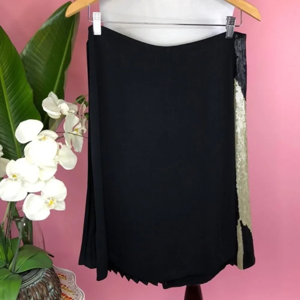 Maliparmi Italian Sequin Pleated Black and Gold Wrap Skirt 42/6 NWT